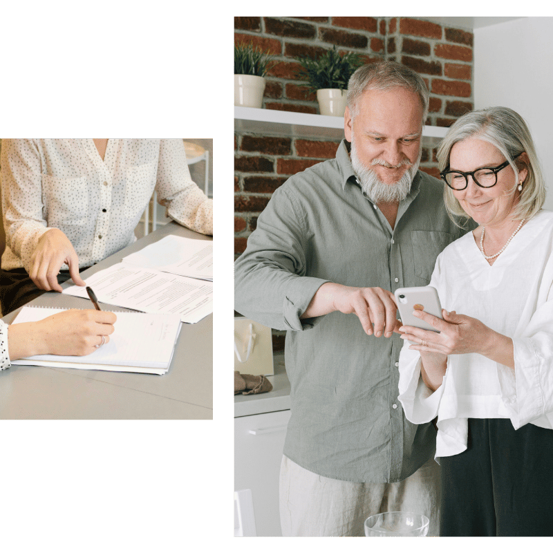 documents being side next to image of an older couple looking at a phone togehter